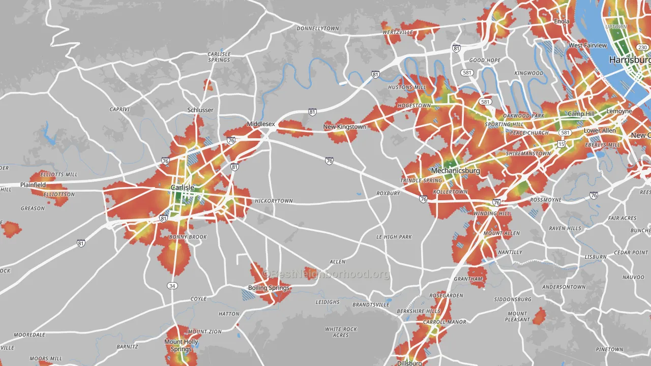 Walk Grade map of Cumberland County, PA, walkable areas in green and car-dependent areas in red