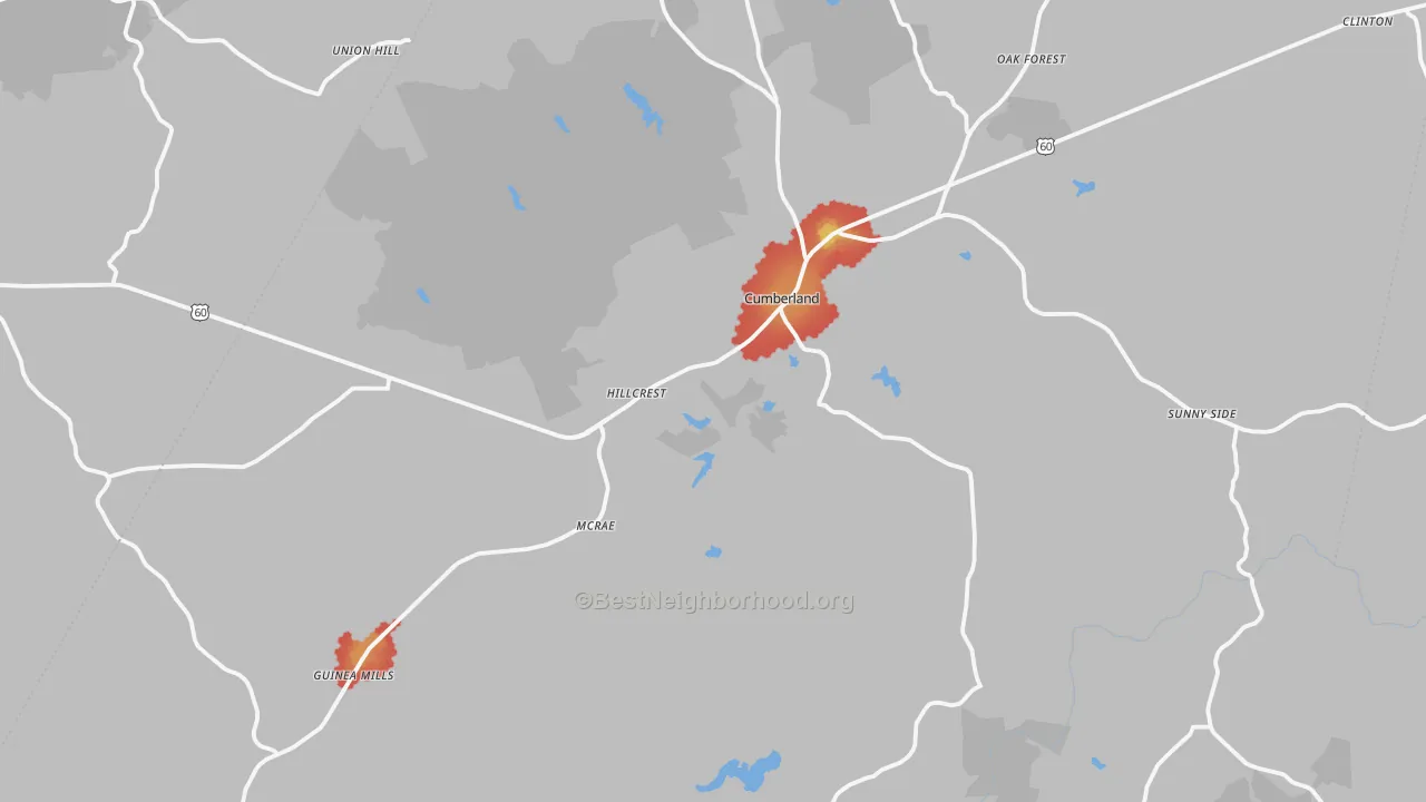 Walk Grade map of Cumberland County, VA, walkable areas in green and car-dependent areas in red