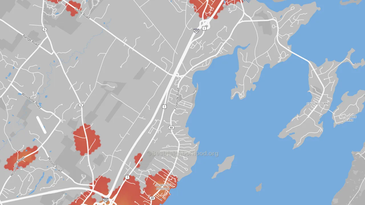 Walk Grade map of Cumberland Foreside, ME, walkable areas in green and car-dependent areas in red
