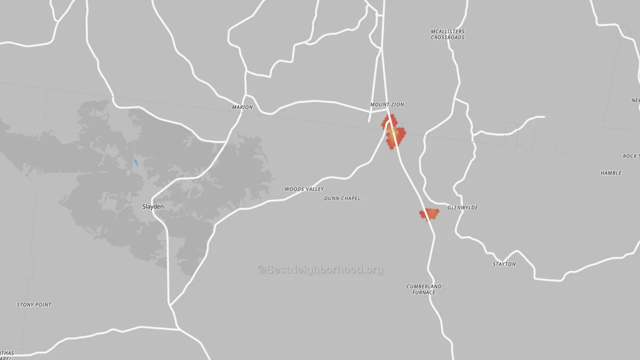 Walk Grade map of Cumberland Furnace, TN, walkable areas in green and car-dependent areas in red