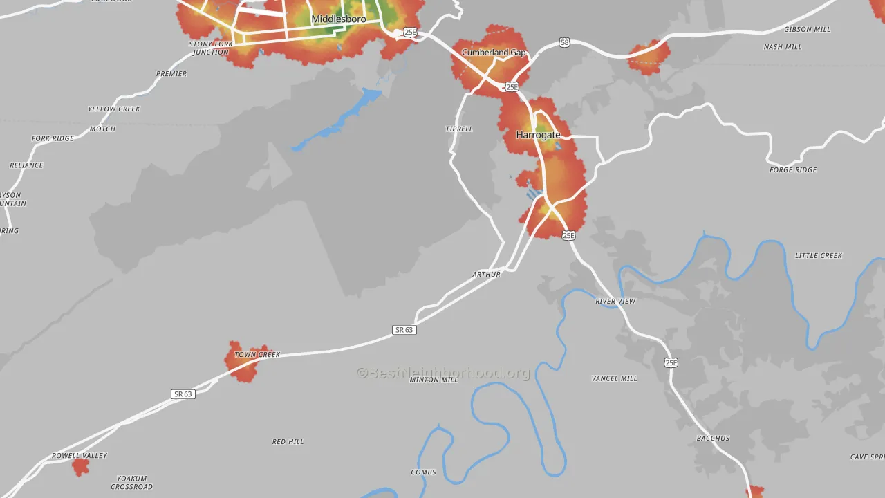 Walk Grade map of Cumberland Gap, TN, walkable areas in green and car-dependent areas in red