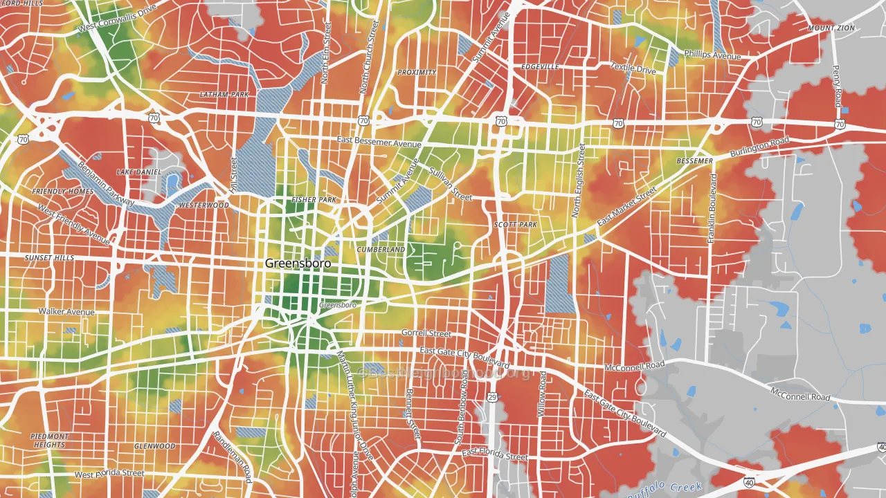 Walk Grade map of Cumberland, Greensboro, NC, walkable areas in green and car-dependent areas in red