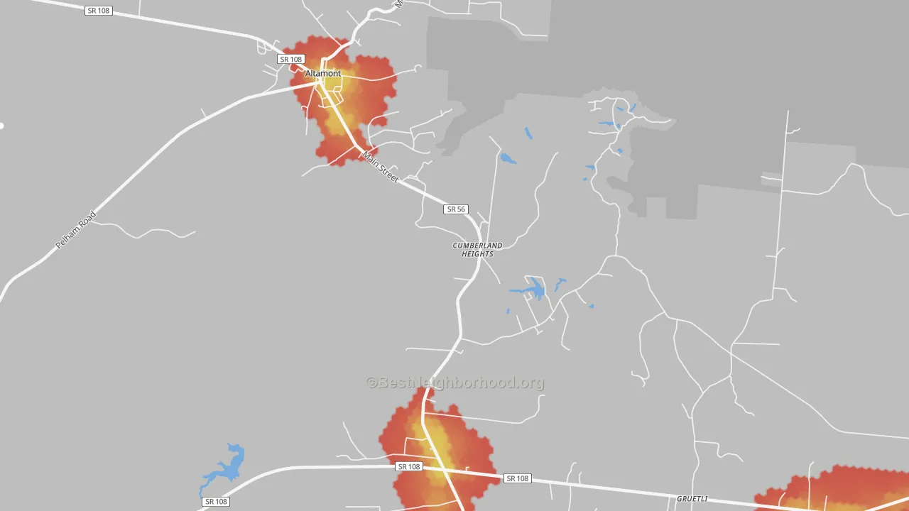 Walk Grade map of Cumberland Heights, TN, walkable areas in green and car-dependent areas in red