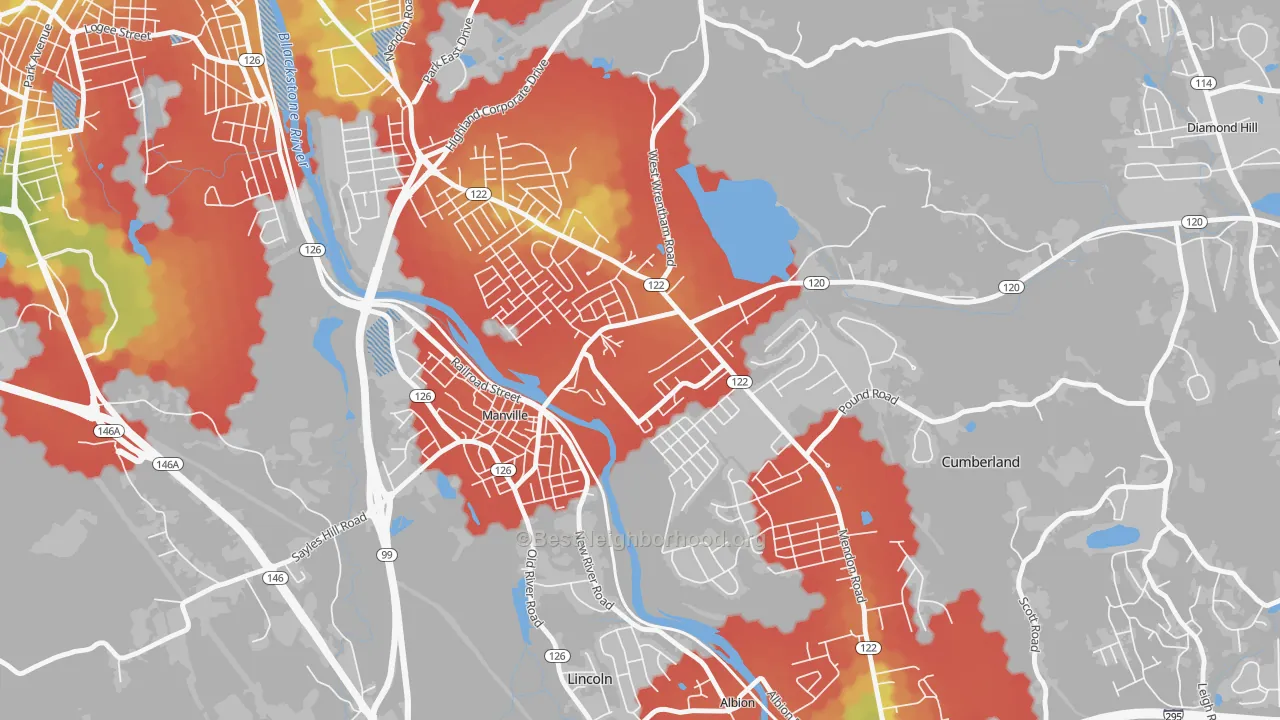 Walk Grade map of Cumberland Hill, RI, walkable areas in green and car-dependent areas in red