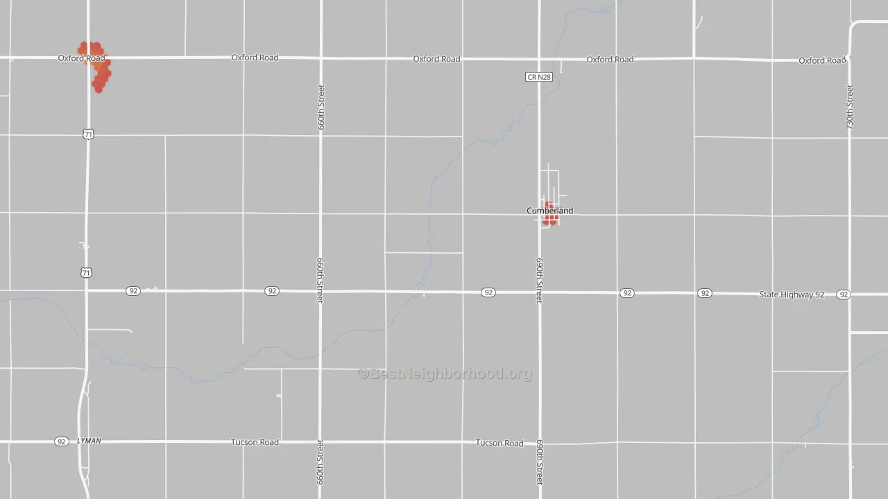Walk Grade map of Cumberland, IA, walkable areas in green and car-dependent areas in red