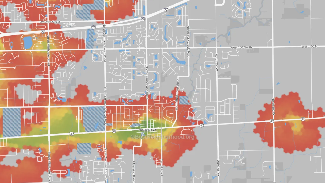 Walk Grade map of Cumberland, IN, walkable areas in green and car-dependent areas in red