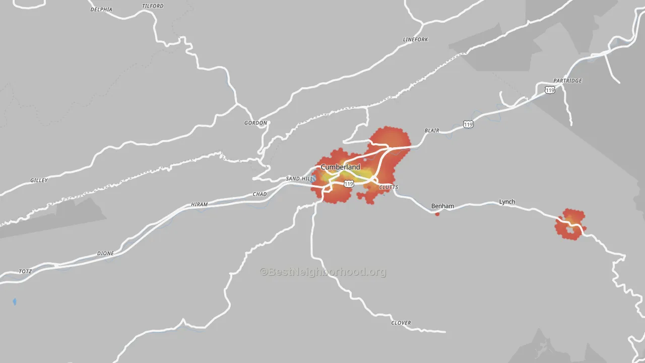 Walk Grade map of Cumberland, KY, walkable areas in green and car-dependent areas in red