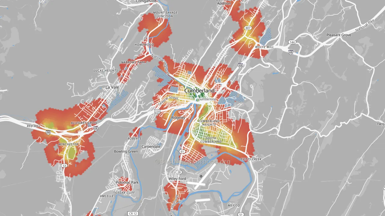 Walk Grade map of Cumberland, MD, walkable areas in green and car-dependent areas in red