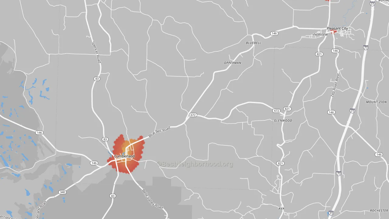 Walk Grade map of Cumberland, OH, walkable areas in green and car-dependent areas in red