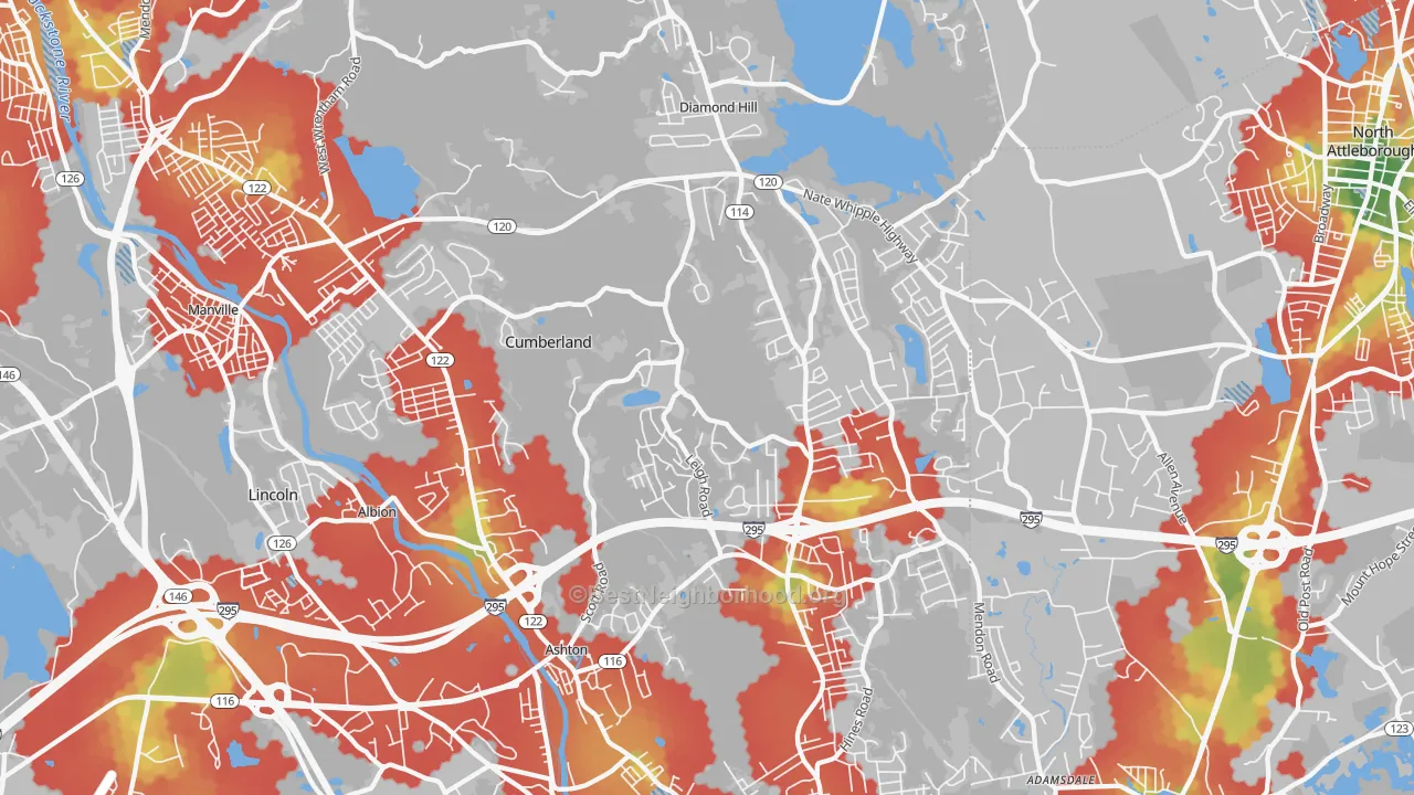 Walk Grade map of Cumberland, RI, walkable areas in green and car-dependent areas in red