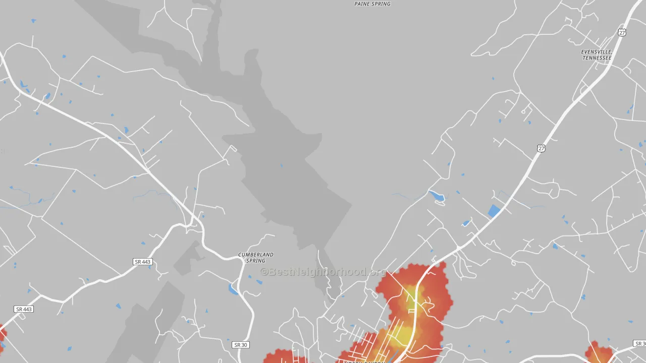 Walk Grade map of Cumberland Springs, TN, walkable areas in green and car-dependent areas in red