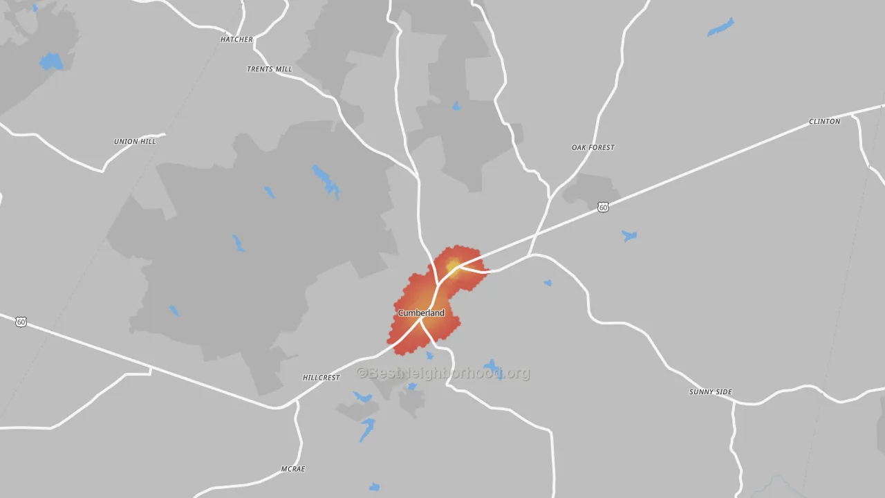 Walk Grade map of Cumberland, VA, walkable areas in green and car-dependent areas in red