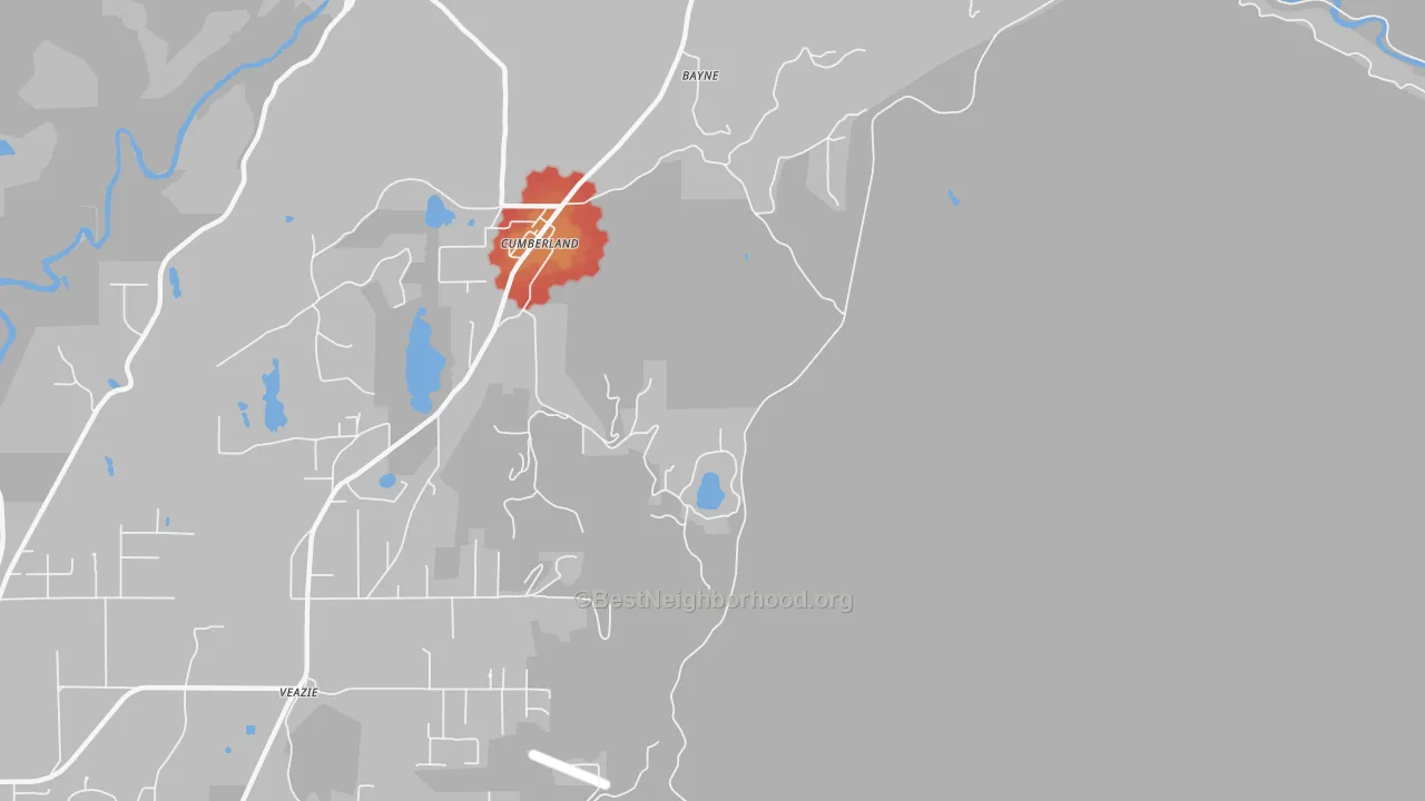 Walk Grade map of Cumberland, WA, walkable areas in green and car-dependent areas in red