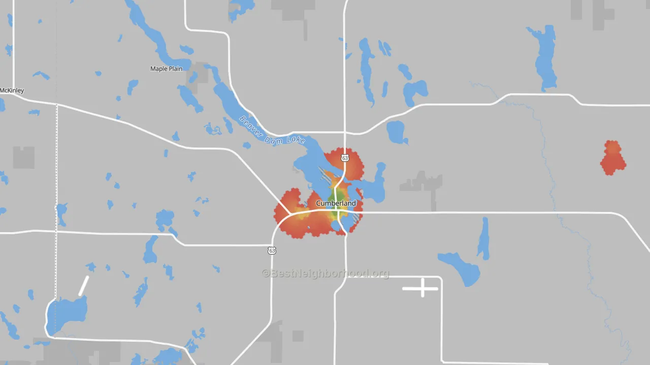 Walk Grade map of Cumberland, WI, walkable areas in green and car-dependent areas in red