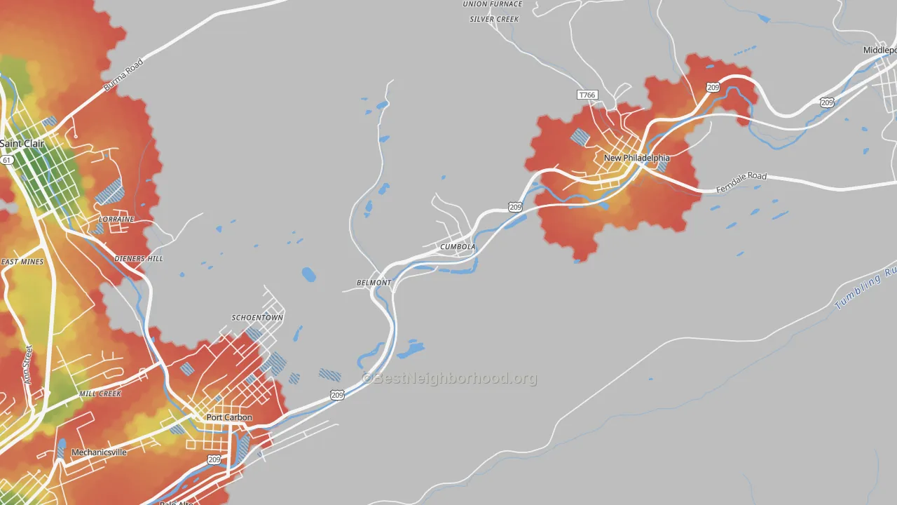 Walk Grade map of Cumbola, PA, walkable areas in green and car-dependent areas in red