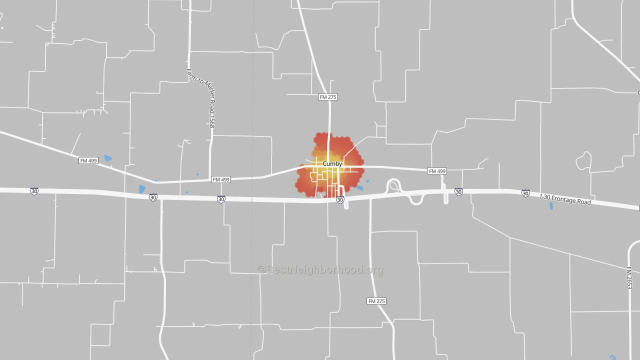 Walk Grade map of Cumby, TX, walkable areas in green and car-dependent areas in red