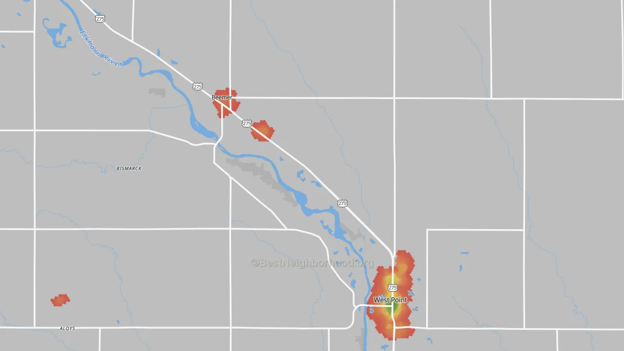Walk Grade map of Cuming County, NE, walkable areas in green and car-dependent areas in red