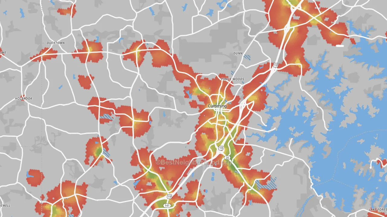 Walk Grade map of Cumming, GA, walkable areas in green and car-dependent areas in red