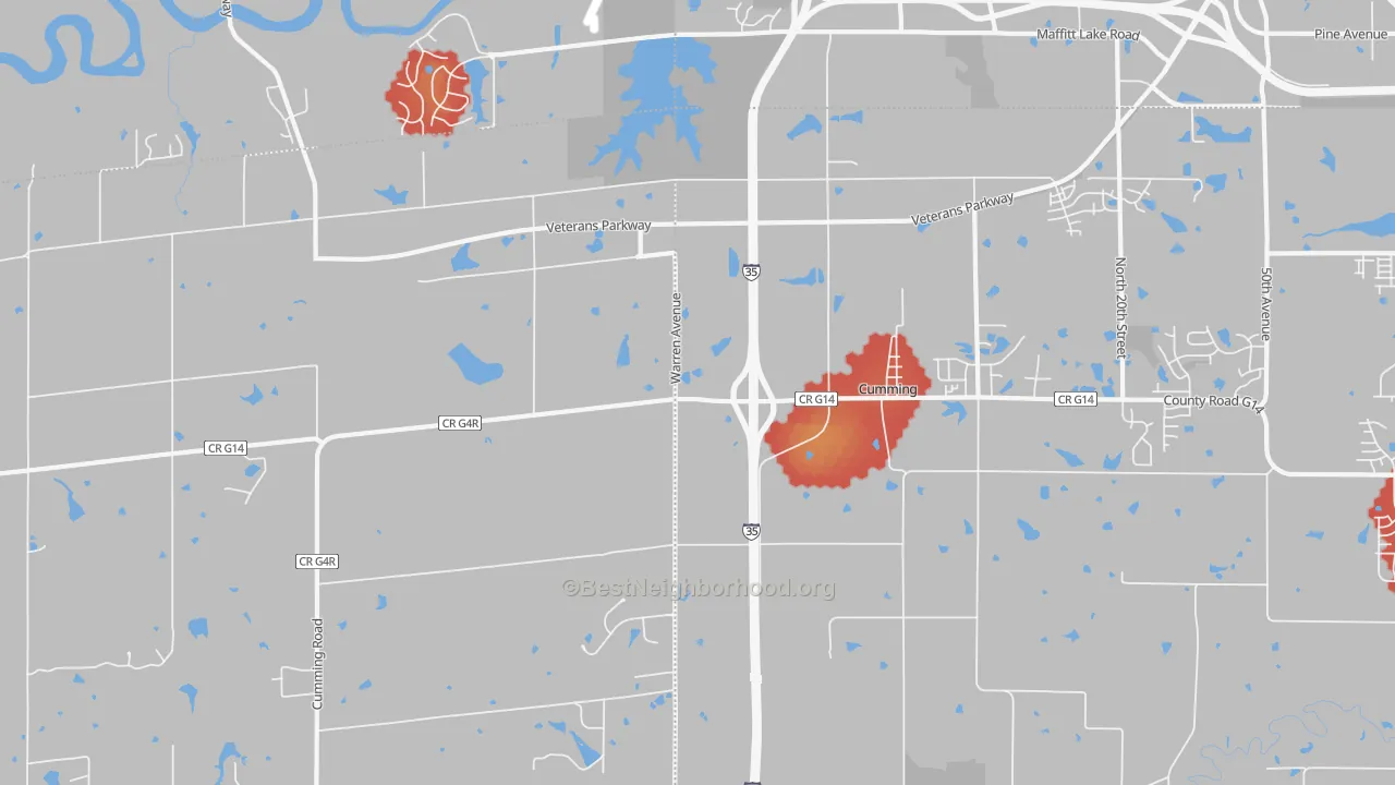Walk Grade map of Cumming, IA, walkable areas in green and car-dependent areas in red