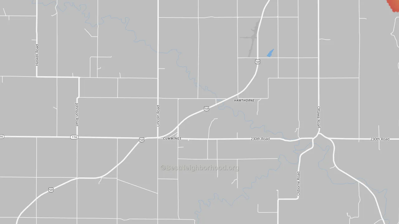 Walk Grade map of Cummings, KS, walkable areas in green and car-dependent areas in red
