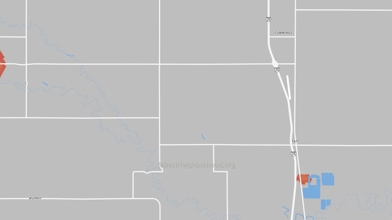 Walk Grade map of Cummings, ND, walkable areas in green and car-dependent areas in red