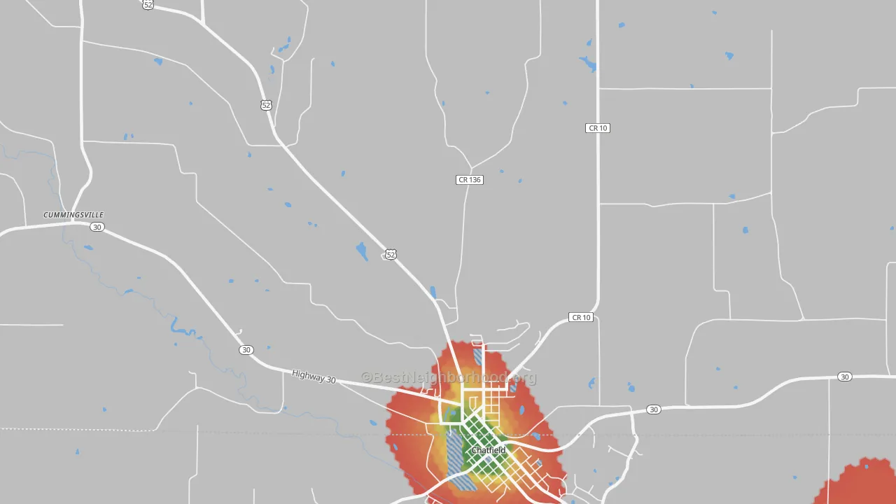 Walk Grade map of Cummingsville, MN, walkable areas in green and car-dependent areas in red