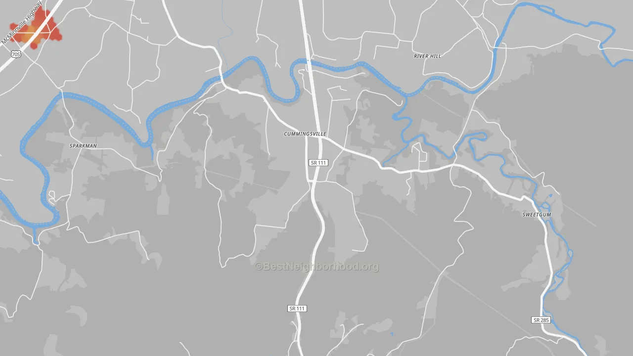 Walk Grade map of Cummingsville, TN, walkable areas in green and car-dependent areas in red