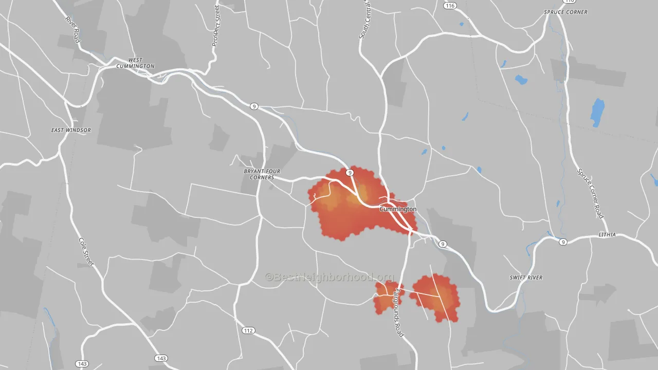 Walk Grade map of Cummington, MA, walkable areas in green and car-dependent areas in red