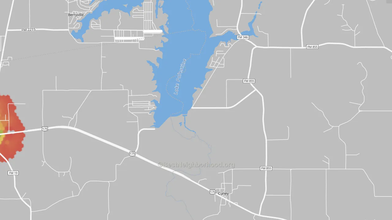 Walk Grade map of Cuney, TX, walkable areas in green and car-dependent areas in red