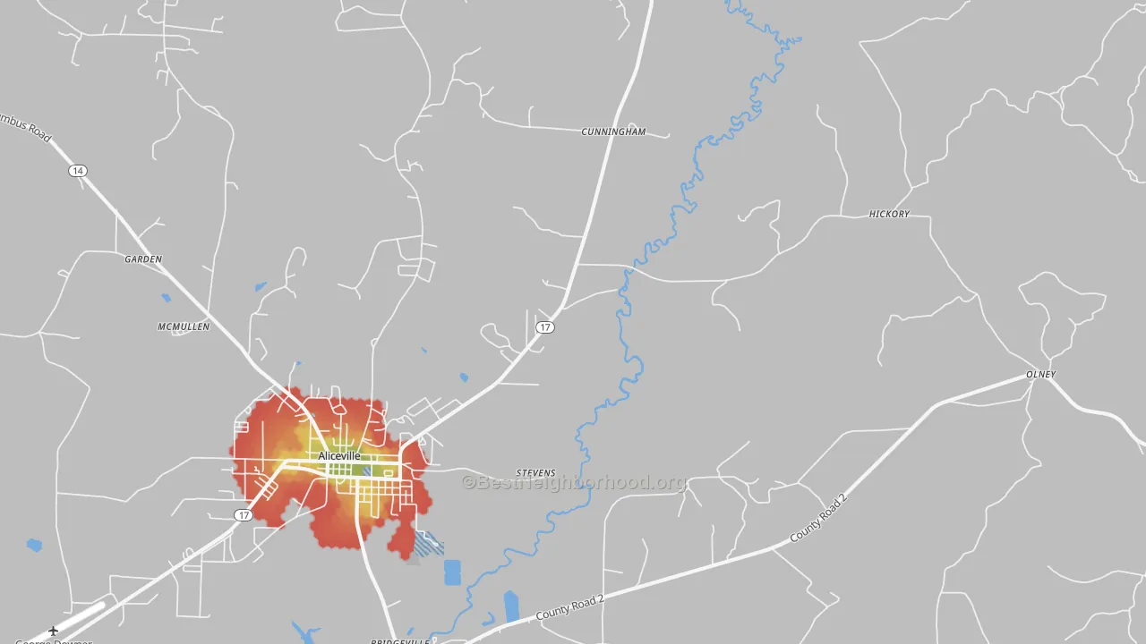 Walk Grade map of Cunningham, AL, walkable areas in green and car-dependent areas in red