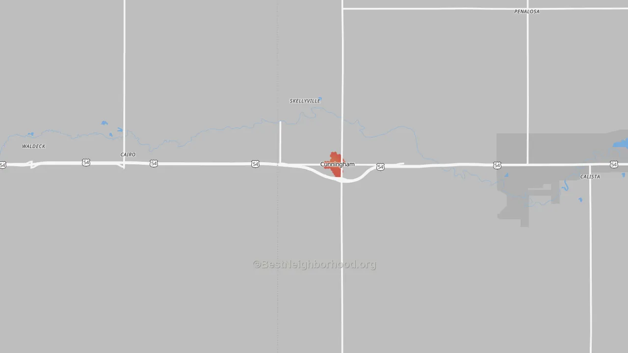 Walk Grade map of Cunningham, KS, walkable areas in green and car-dependent areas in red
