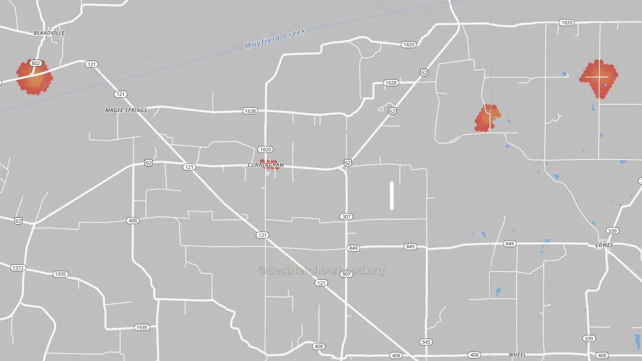 Walk Grade map of Cunningham, KY, walkable areas in green and car-dependent areas in red