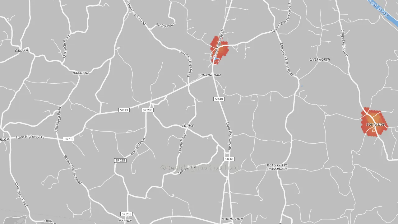 Walk Grade map of Cunningham, TN, walkable areas in green and car-dependent areas in red