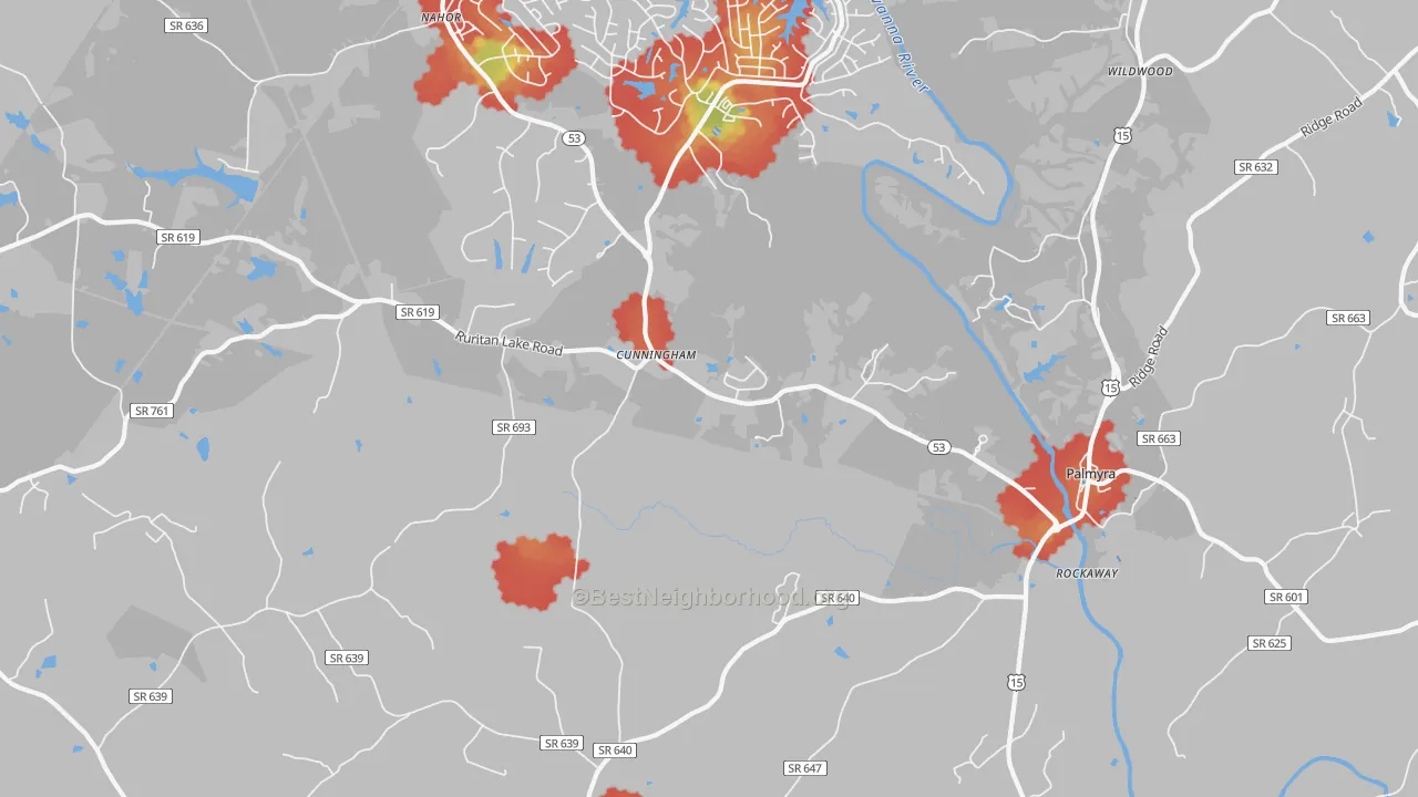 Walk Grade map of Cunningham, VA, walkable areas in green and car-dependent areas in red