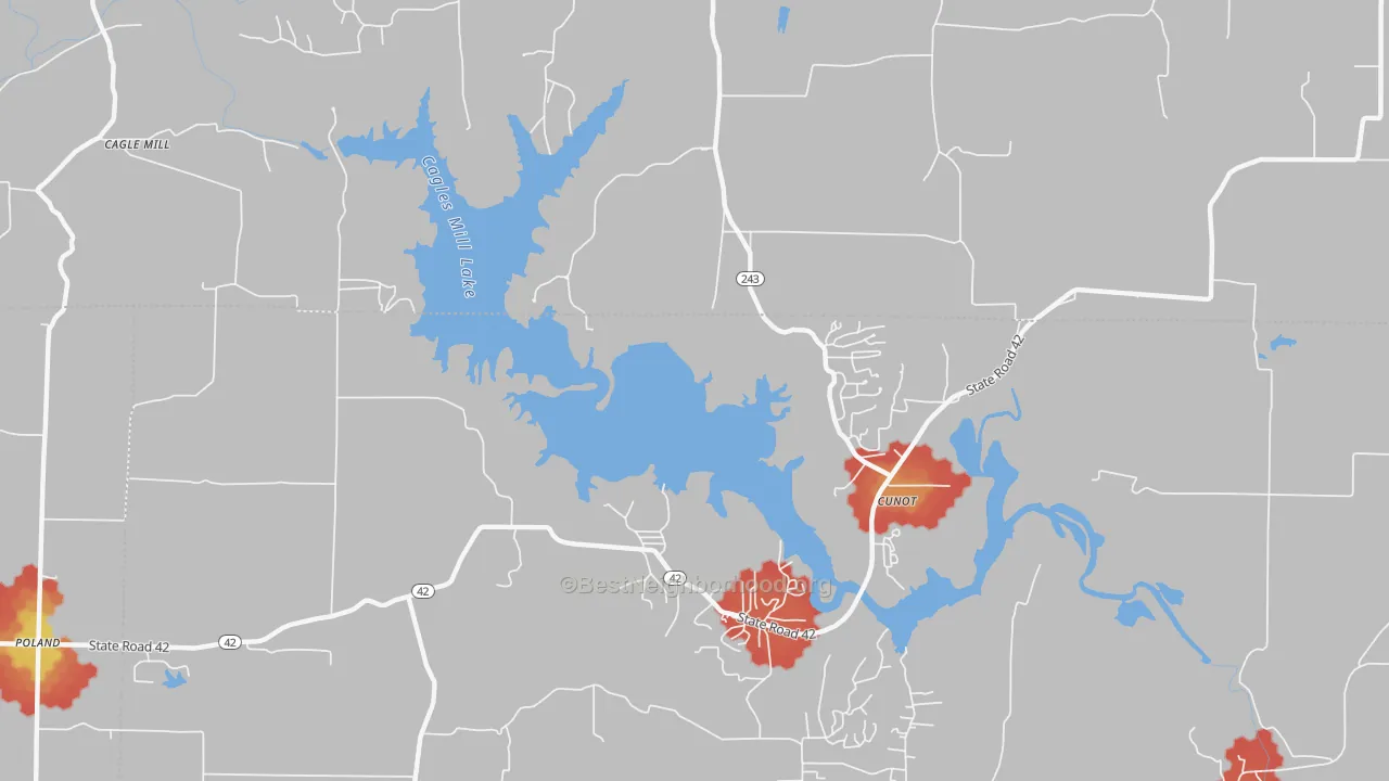 Walk Grade map of Cunot, IN, walkable areas in green and car-dependent areas in red