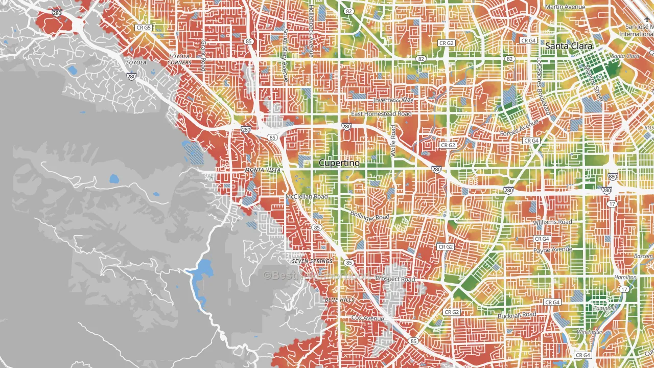 Walk Grade map of Cupertino, CA, walkable areas in green and car-dependent areas in red