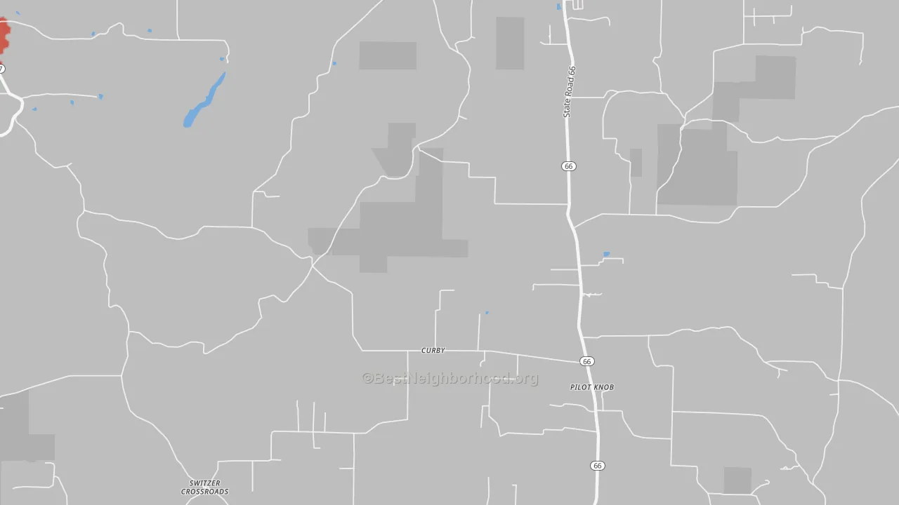 Walk Grade map of Curby, IN, walkable areas in green and car-dependent areas in red