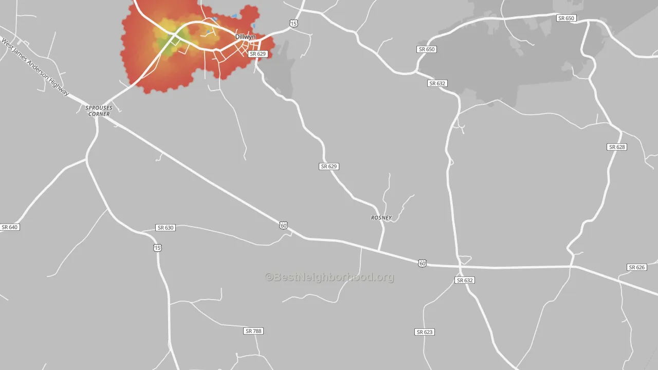 Walk Grade map of Curdsville, VA, walkable areas in green and car-dependent areas in red