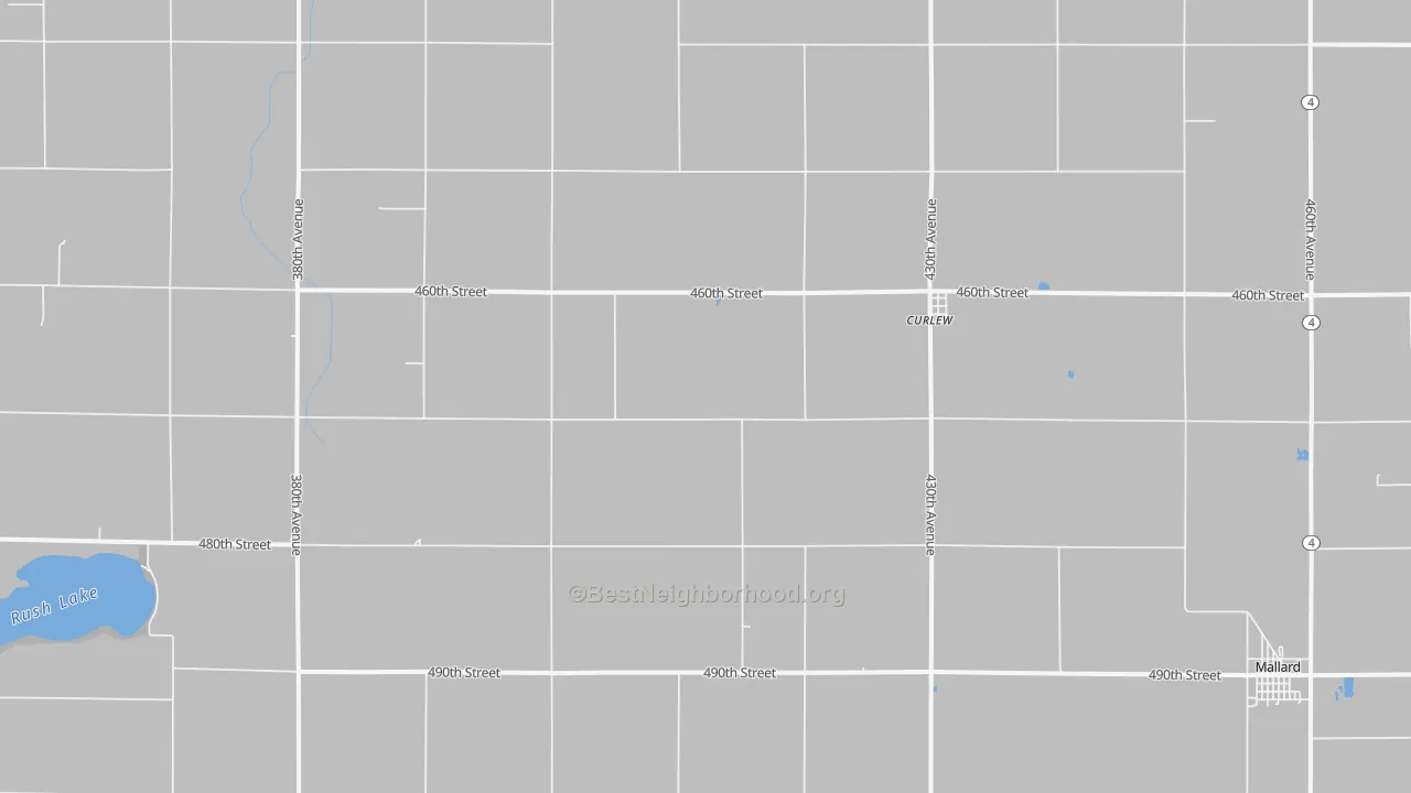 Walk Grade map of Curlew, IA, walkable areas in green and car-dependent areas in red
