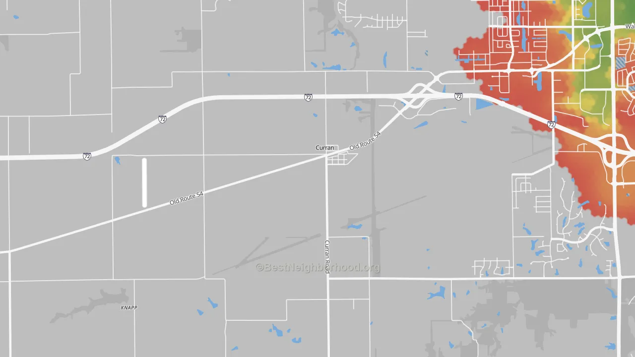 Walk Grade map of Curran, IL, walkable areas in green and car-dependent areas in red