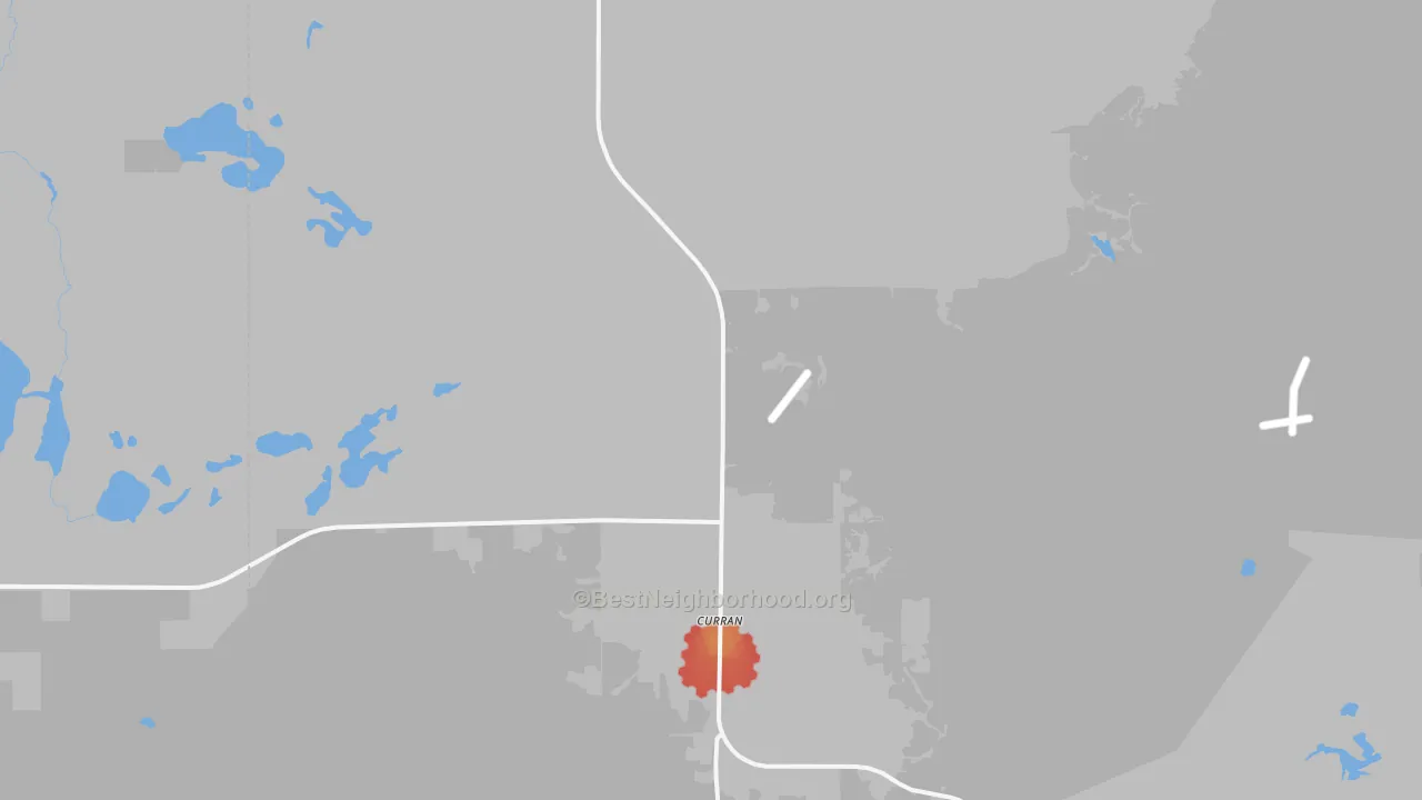 Walk Grade map of Curran, MI, walkable areas in green and car-dependent areas in red