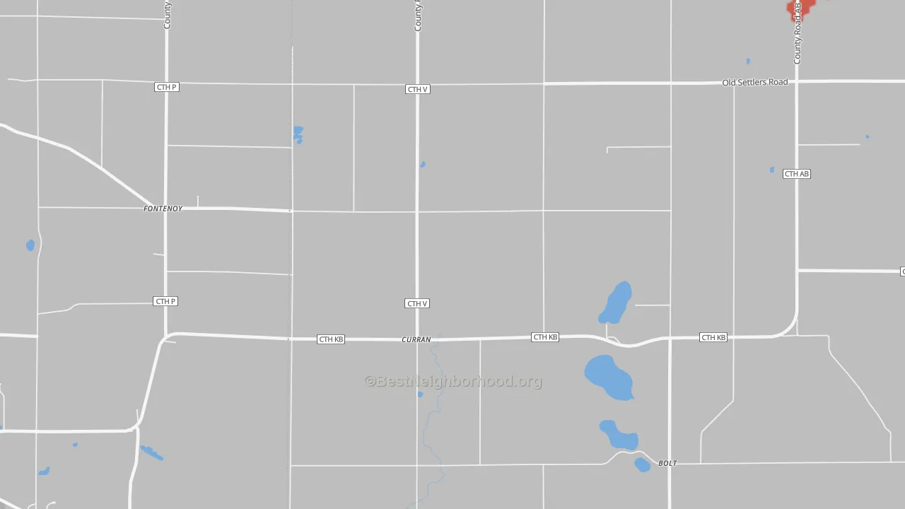 Walk Grade map of Curran, WI, walkable areas in green and car-dependent areas in red