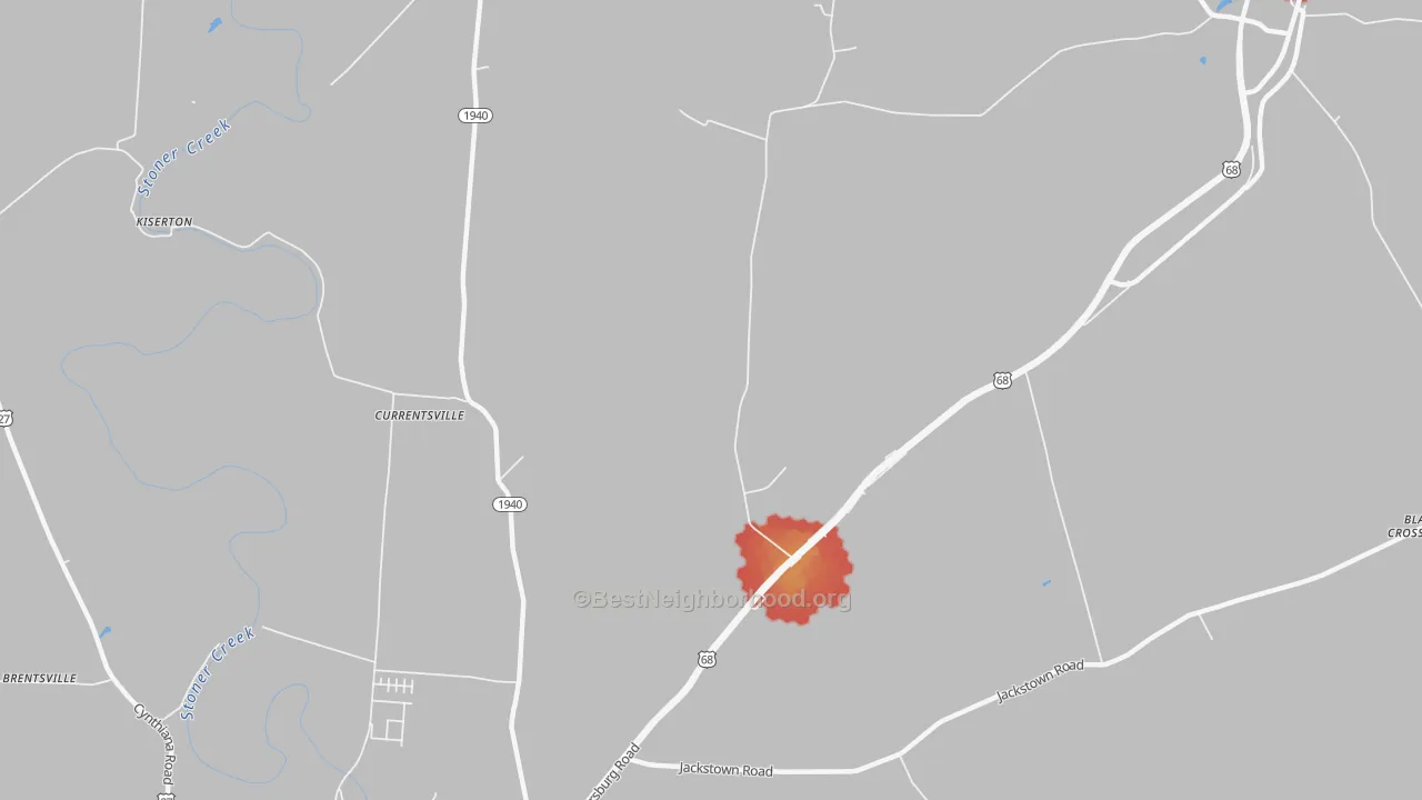 Walk Grade map of Currentsville, KY, walkable areas in green and car-dependent areas in red