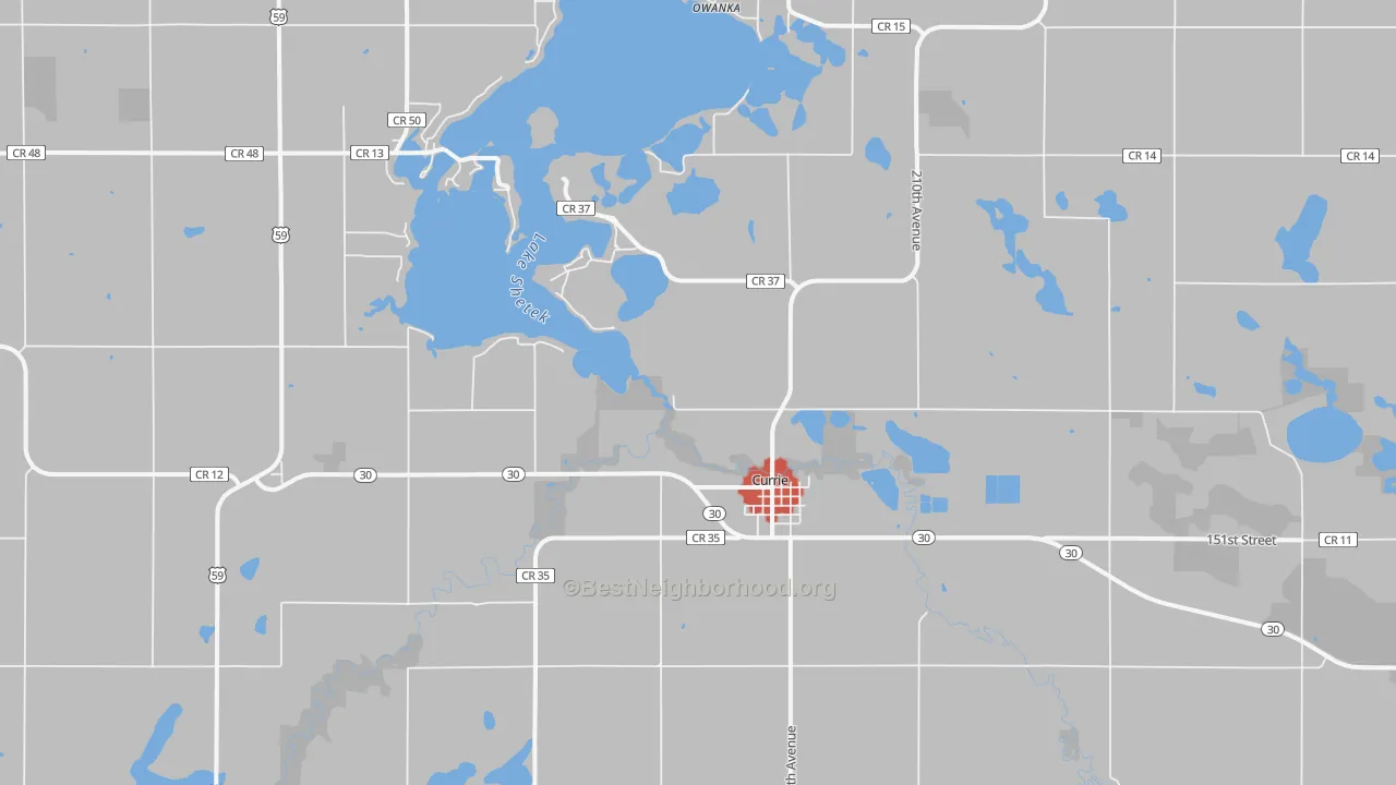 Walk Grade map of Currie, MN, walkable areas in green and car-dependent areas in red