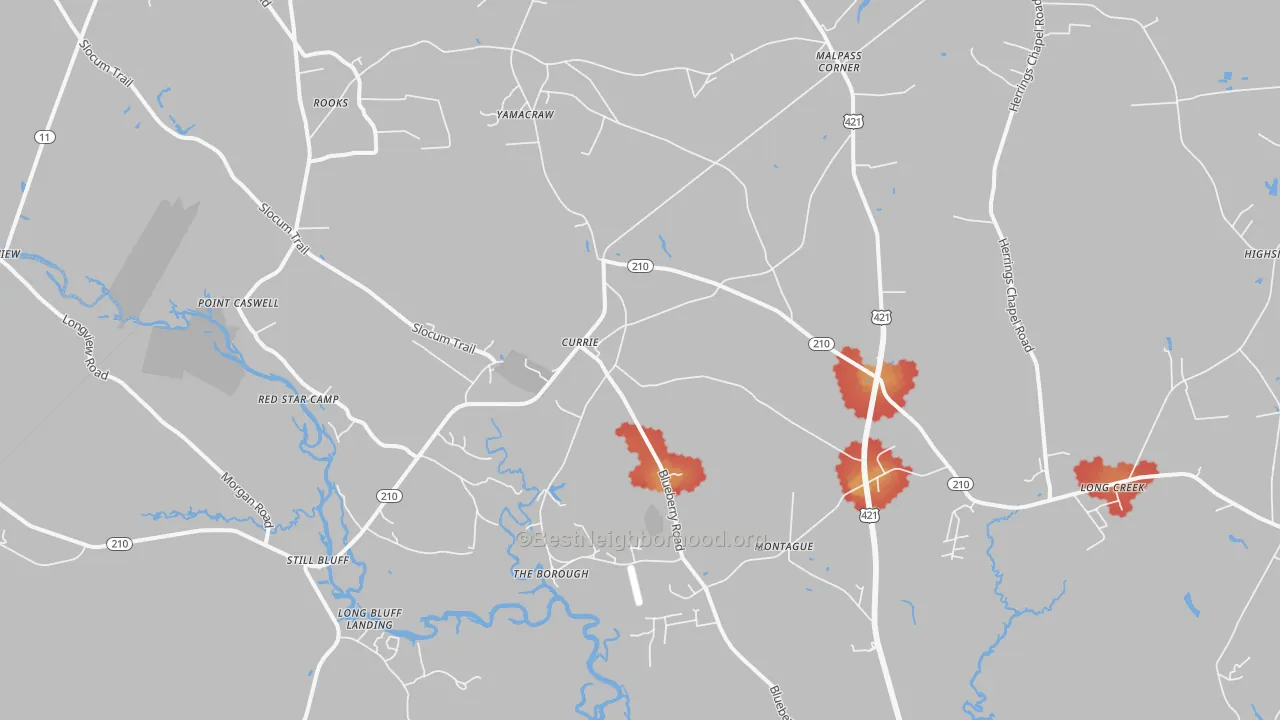 Walk Grade map of Currie, NC, walkable areas in green and car-dependent areas in red