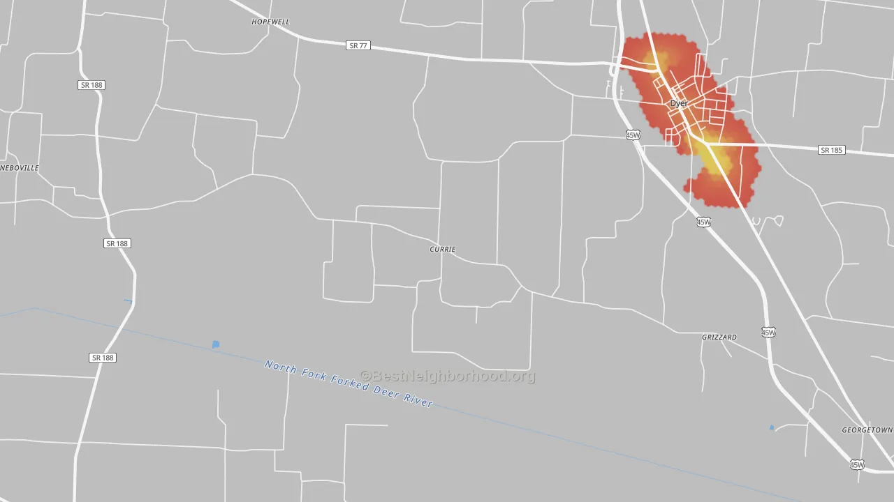 Walk Grade map of Currie, TN, walkable areas in green and car-dependent areas in red