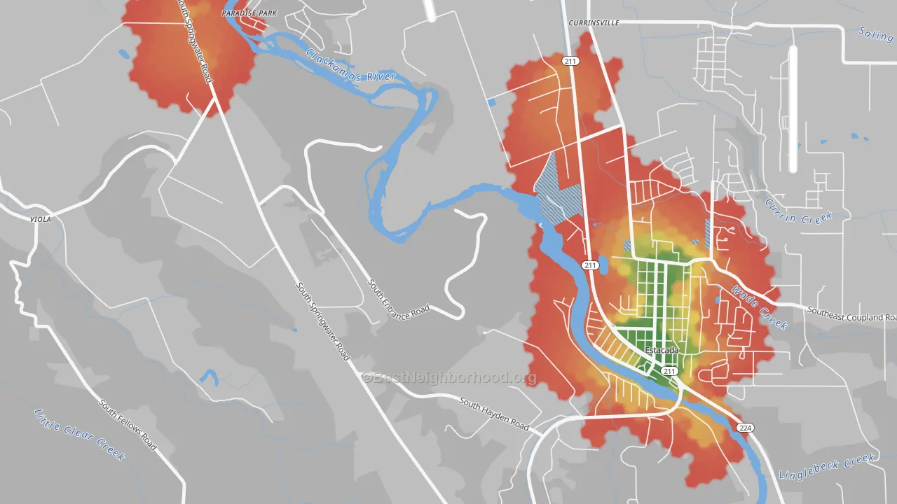Walk Grade map of Currinsville, OR, walkable areas in green and car-dependent areas in red