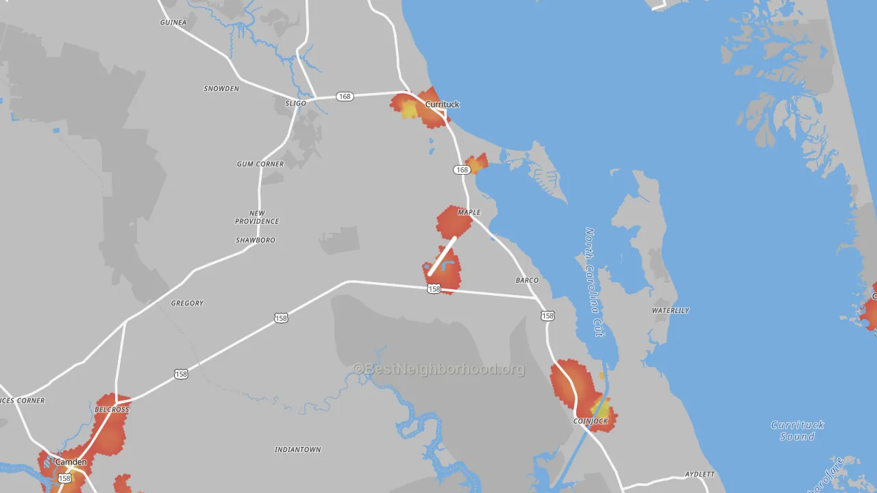 Walk Grade map of Currituck County, NC, walkable areas in green and car-dependent areas in red