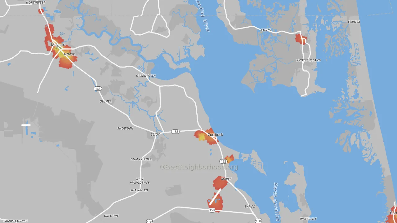 Walk Grade map of Currituck, NC, walkable areas in green and car-dependent areas in red