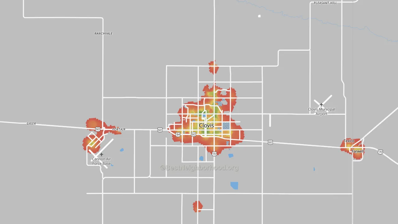 Walk Grade map of Curry County, NM, walkable areas in green and car-dependent areas in red